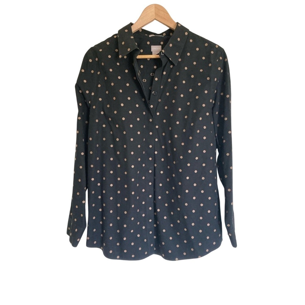 Chico's Womens Black Button Up Shirt Size Large Beige Polka Dots No Iron Long Sl